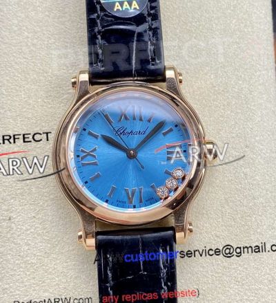 YF Factory Swiss Chopard Happy Diamond Super Clone Rose Gold Blue Dial Watch